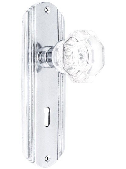 Streamline Moderne Mortise Lock Set With Waldorf Crystal Knobs in Polished Chrome.